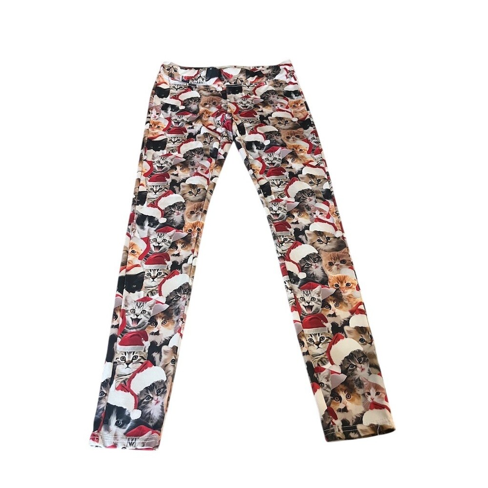 Tipsy Elves Leggings Womens S Multicolor Christmas Kitty Cat Print Stretch